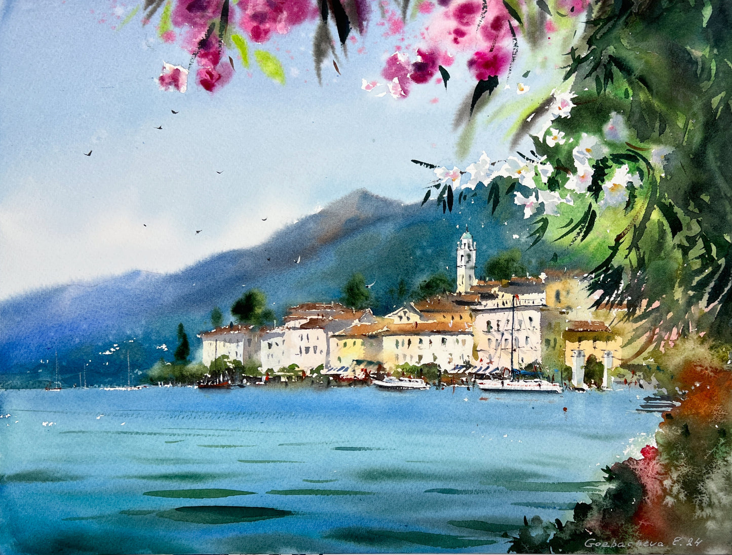 Scenic Montenegro #2 Watercolor Painting - Coastal Town Art