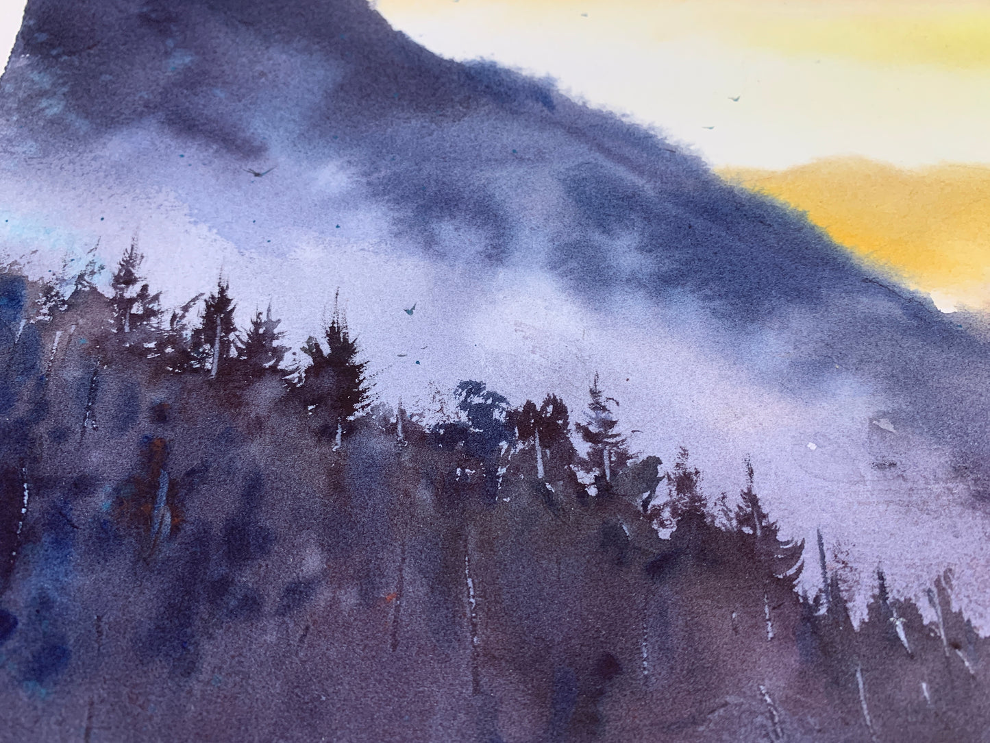 Panoramic Mountain Painting Watercolor Original - Sunset in the mountains #3 - 10 x 27 in