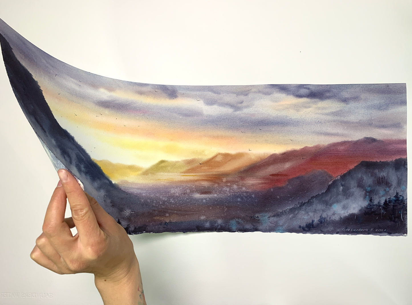 Panoramic Mountain Painting Watercolor Original - Sunset in the mountains #3 - 10 x 27 in