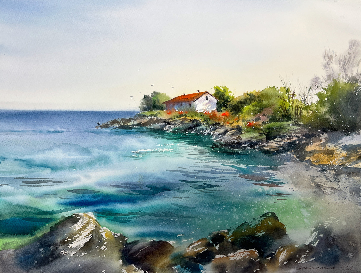 House on the Sea Coast - Original Watercolor Painting, Coastal Home Art