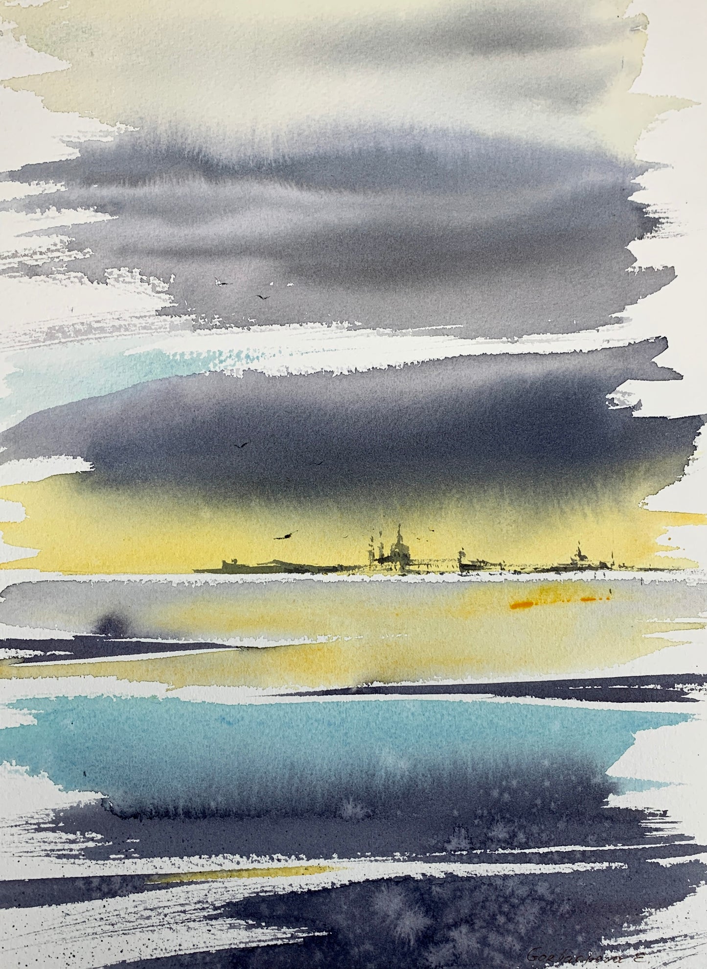 Abstract City Painting, Original Watercolor, Abstraction City 9x12