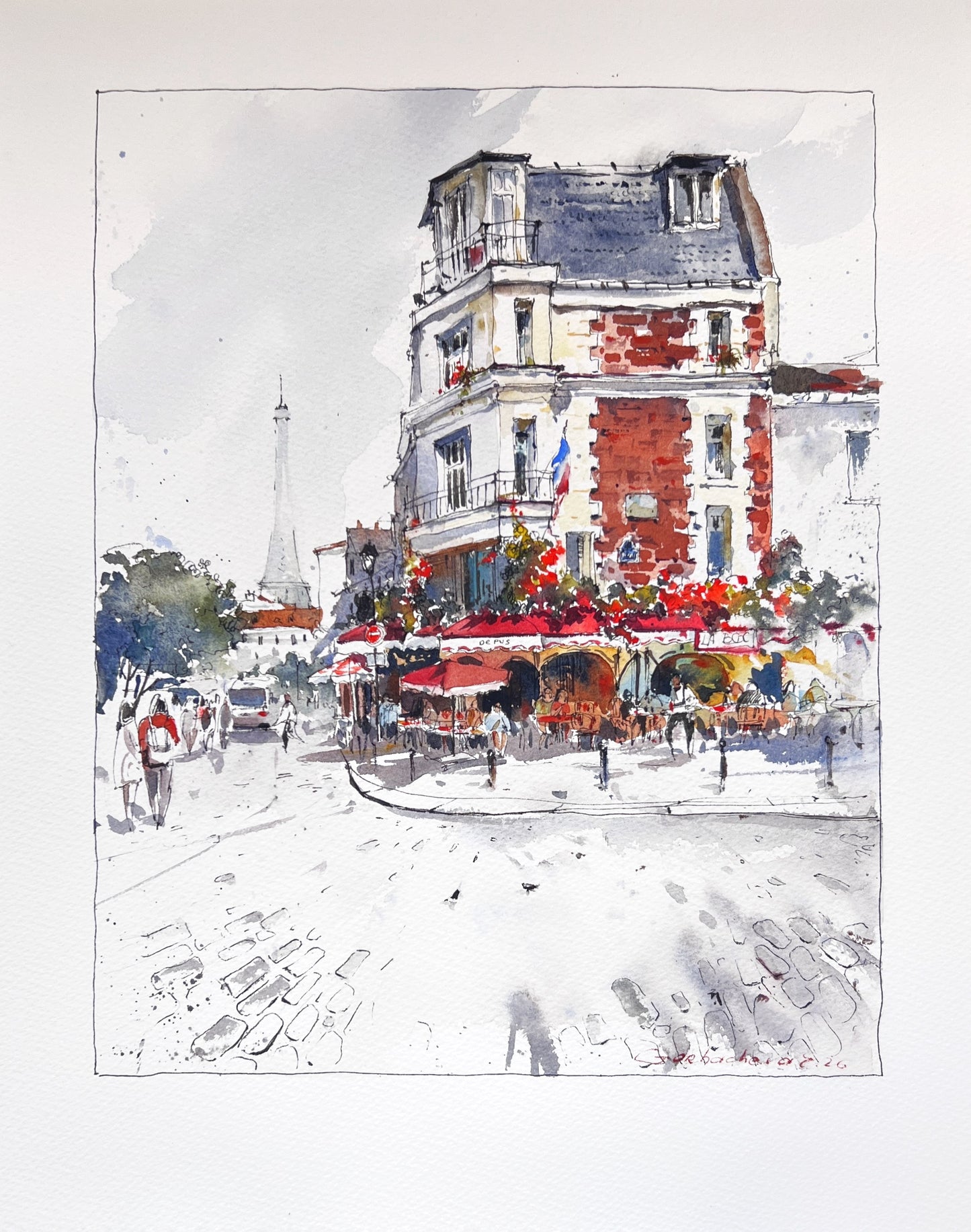 Paris Cafe Watercolor, Montmartre Street Scene,Parisian Daydream 10x12
