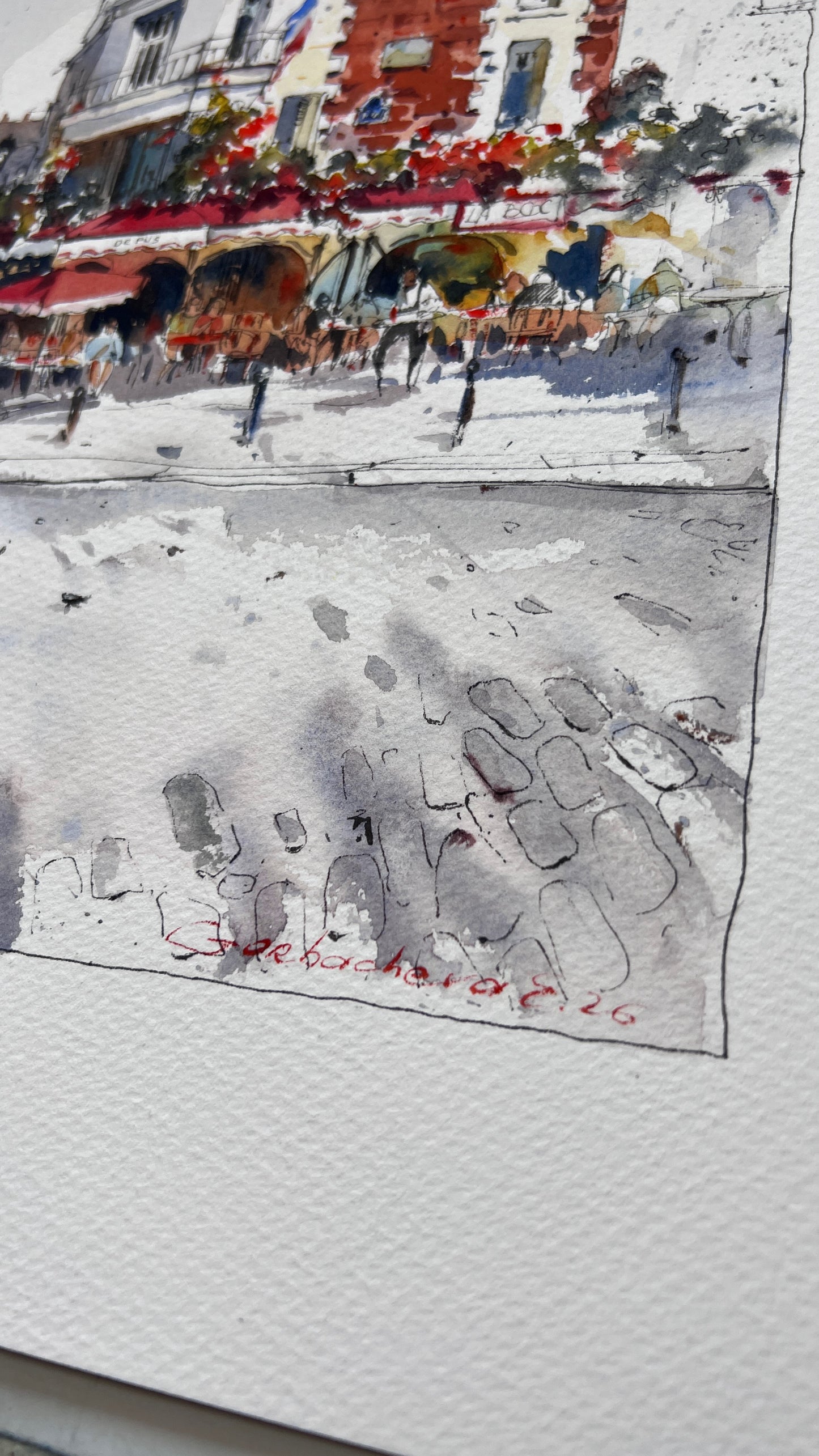 Paris Cafe Watercolor, Montmartre Street Scene,Parisian Daydream 10x12