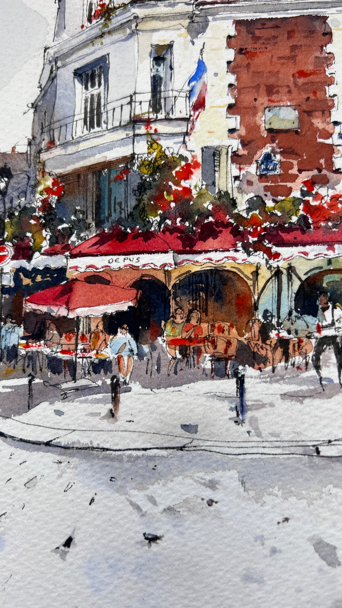 Paris Cafe Watercolor, Montmartre Street Scene,Parisian Daydream 10x12