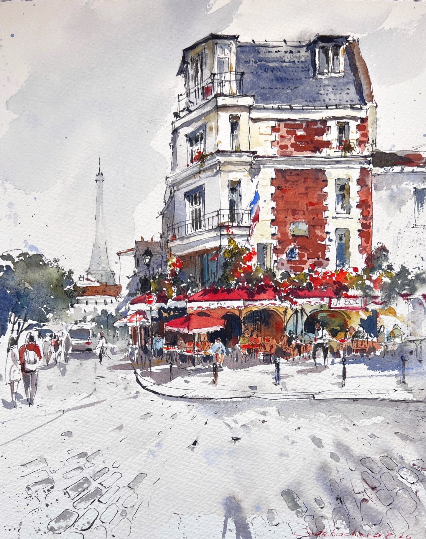 Paris Cafe Watercolor, Montmartre Street Scene,Parisian Daydream 10x12