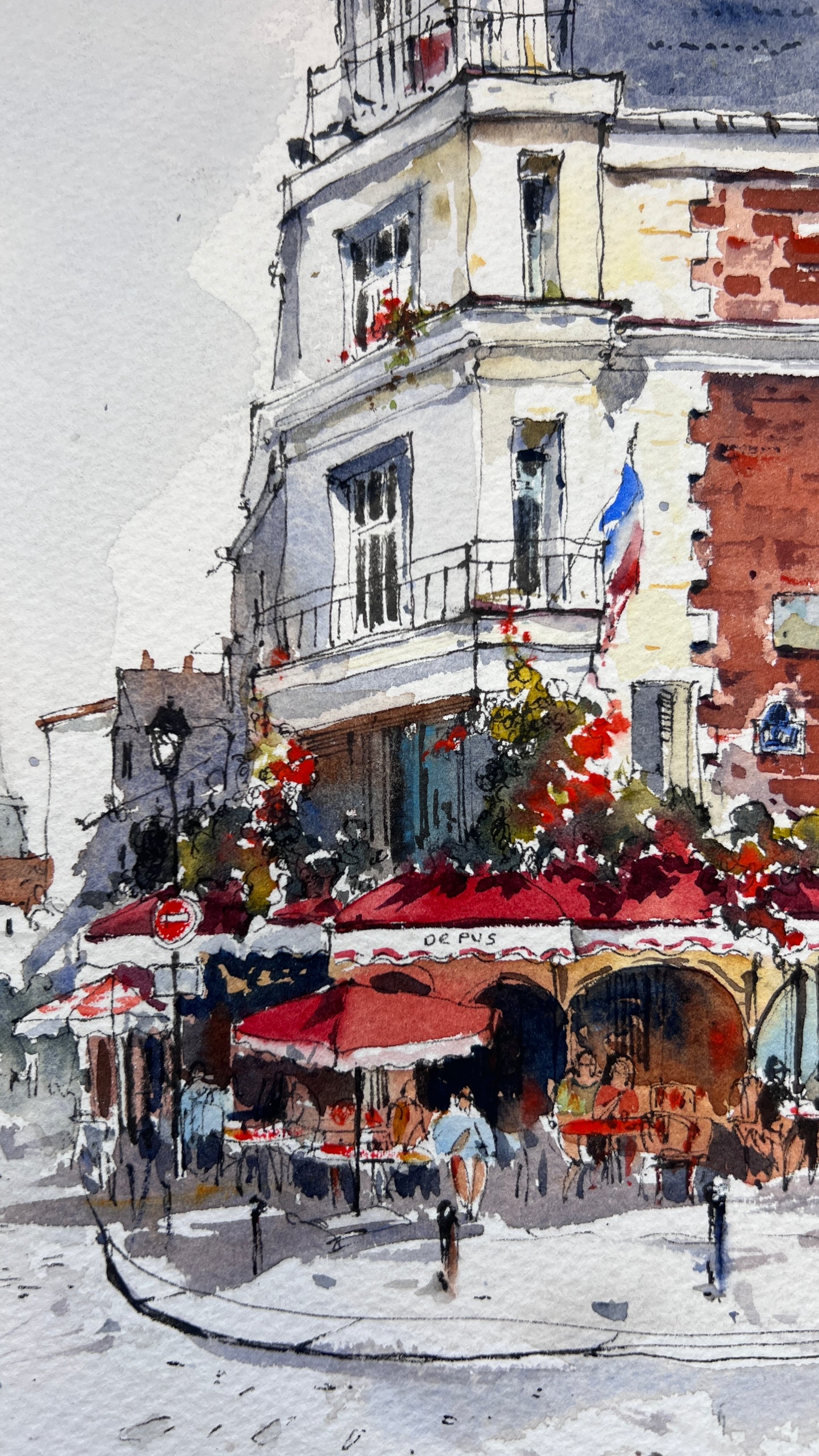 Paris Cafe Watercolor, Montmartre Street Scene,Parisian Daydream 10x12