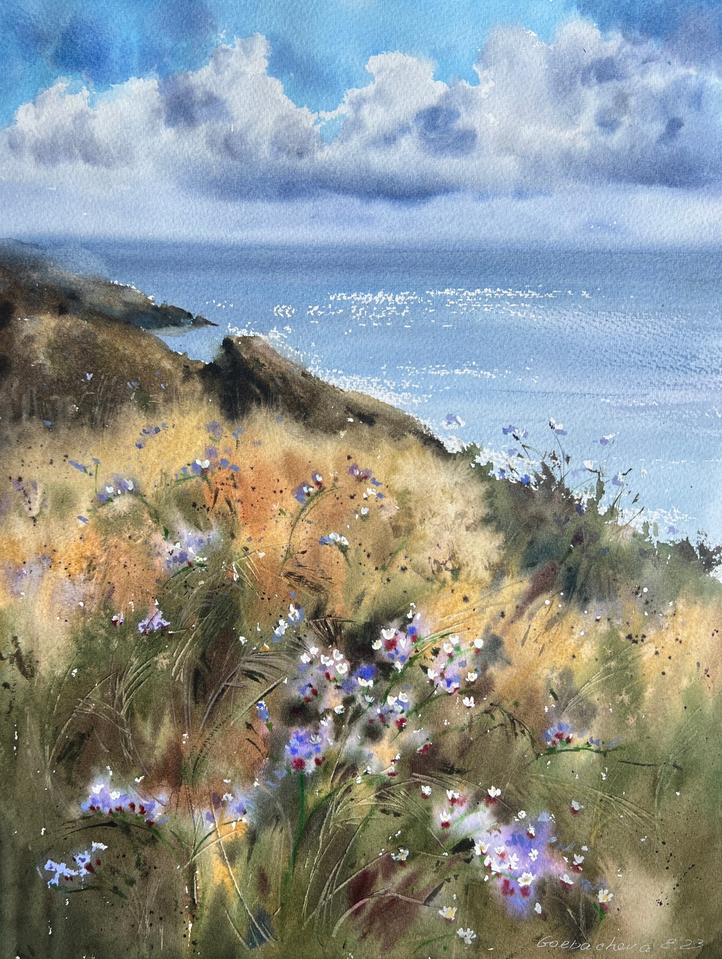 Coastal Wildflower Painting Original Watercolor, Seaview Art, Seascape Living room Wall Decor, Gift for Sea Lover