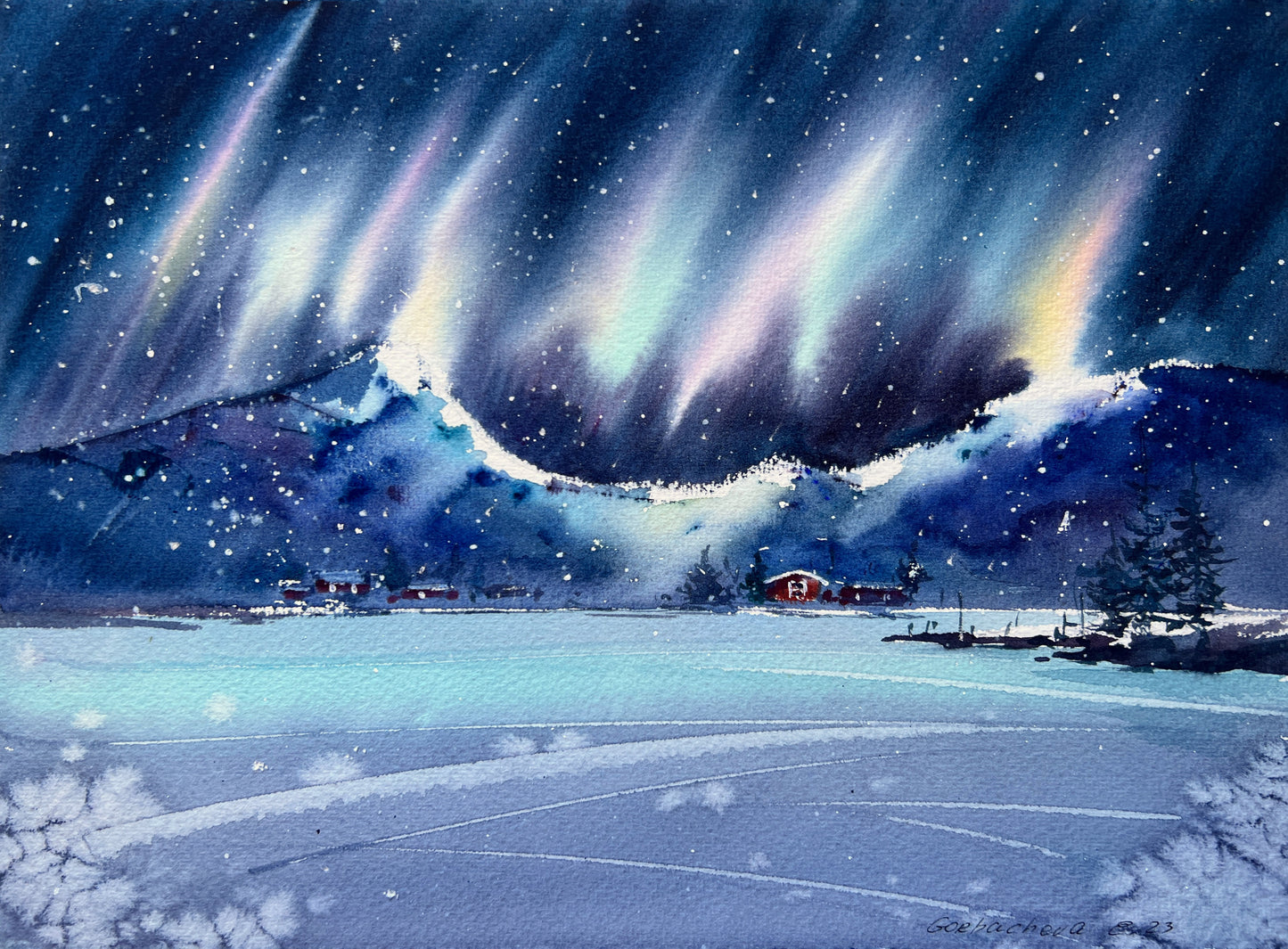 Aurora Borealis Painting Watercolor Original - Northern lights #43