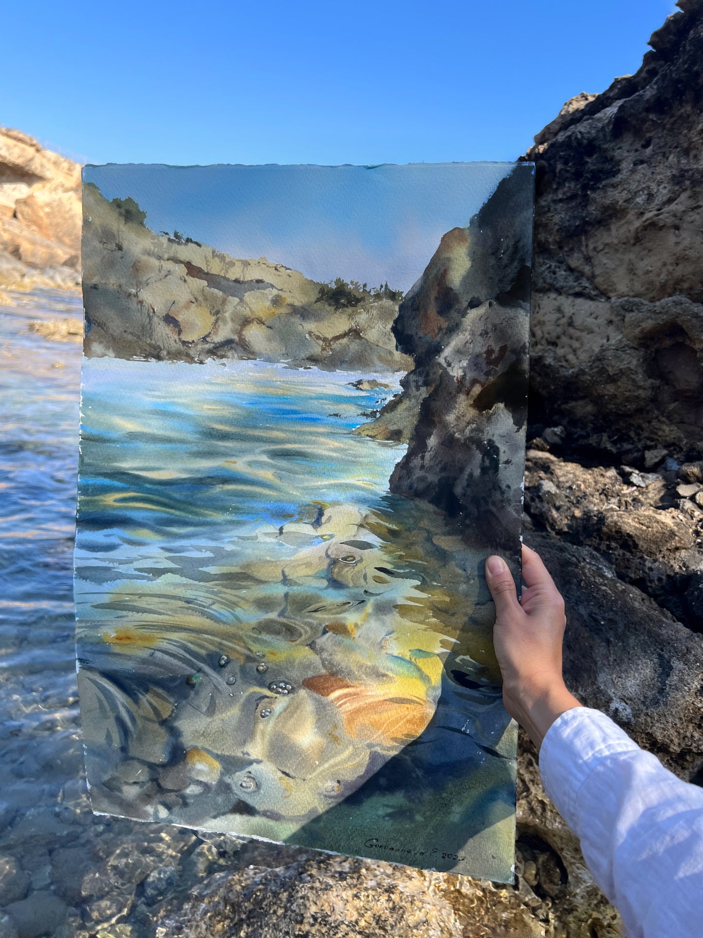 Realistic Painting Original Watercolor Sea Bay, Modern Seascape, Cyprus Coastal Art, Clear Water, Bedroom Wall Decor