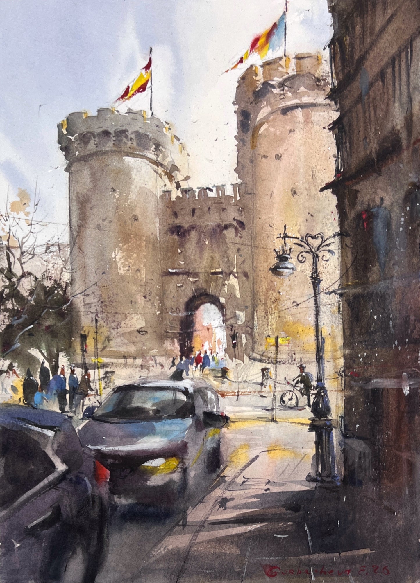Valencia Watercolor Painting, Torres de Serranos Spain Cityscape, Valencia Silent Towers 11х15
