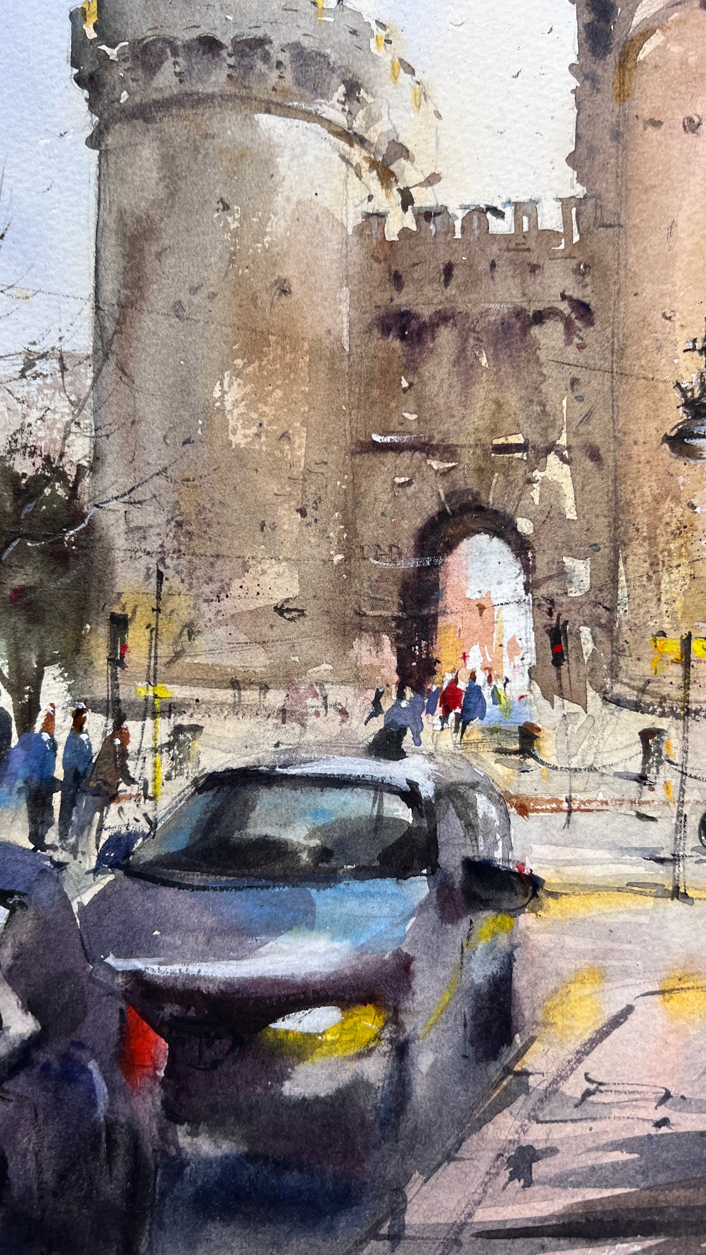 Valencia Watercolor Painting, Torres de Serranos Spain Cityscape, Valencia Silent Towers 11х15