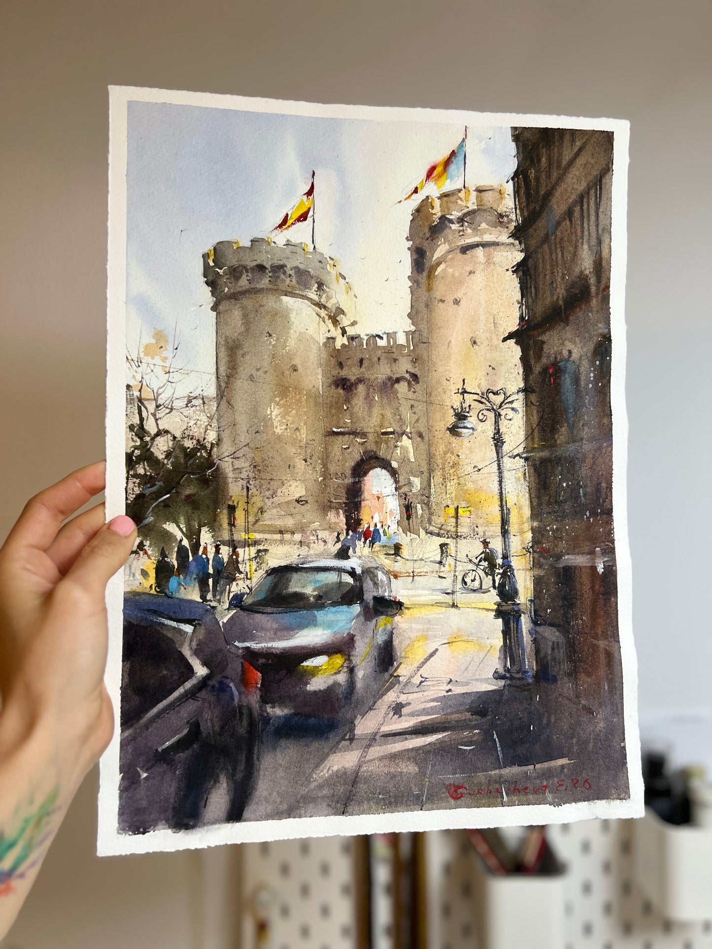 Valencia Watercolor Painting, Torres de Serranos Spain Cityscape, Valencia Silent Towers 11х15