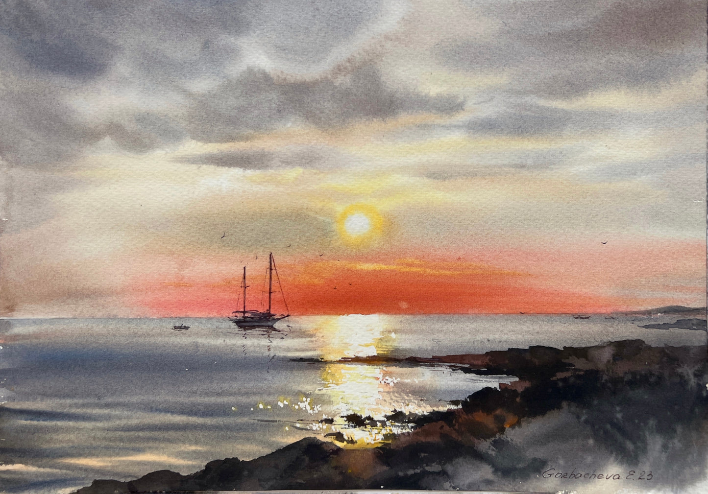 Sunset Seascape Watercolor Painting, Original Ocean Wall Art,Sunset on the sea Yacht 9x12