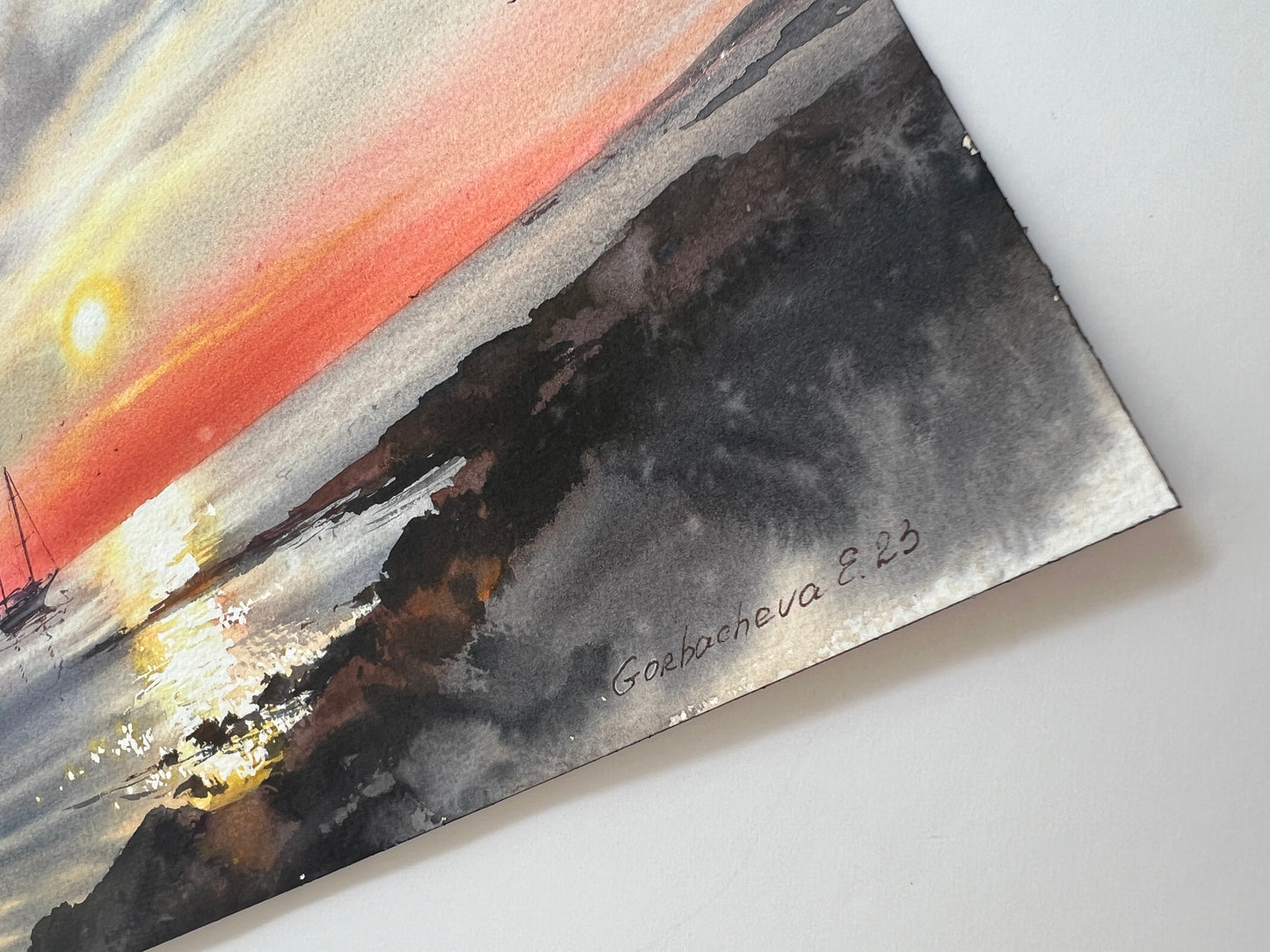 Sunset Seascape Watercolor Painting, Original Ocean Wall Art,Sunset on the sea Yacht 9x12