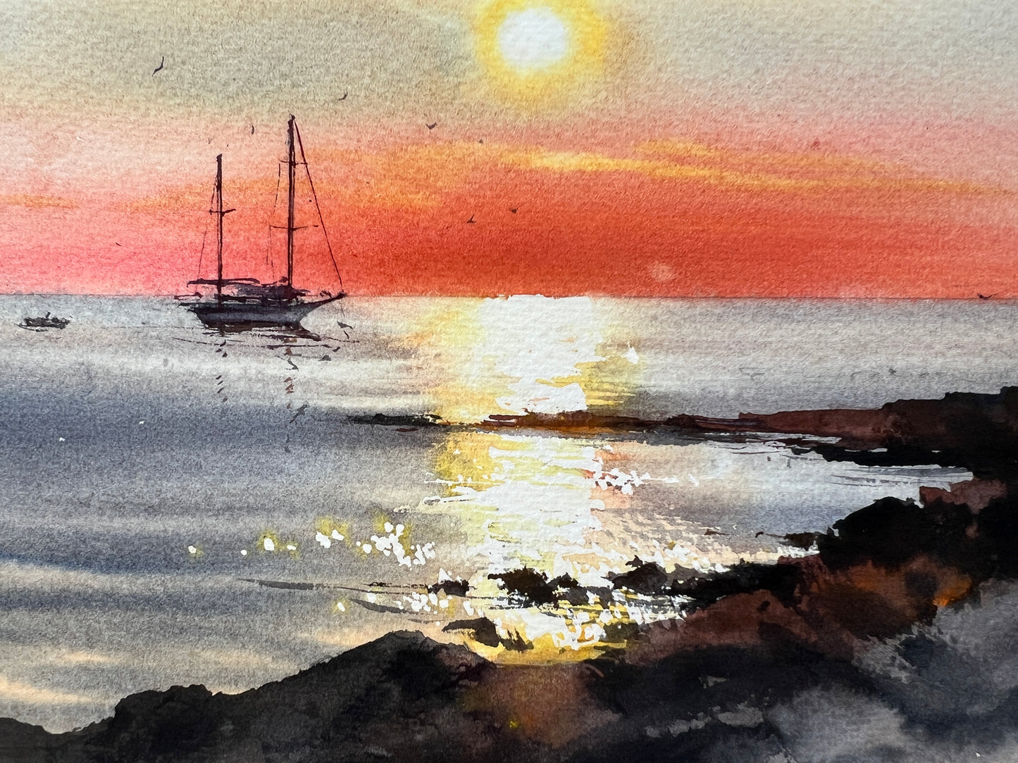 Sunset Seascape Watercolor Painting, Original Ocean Wall Art,Sunset on the sea Yacht 9x12