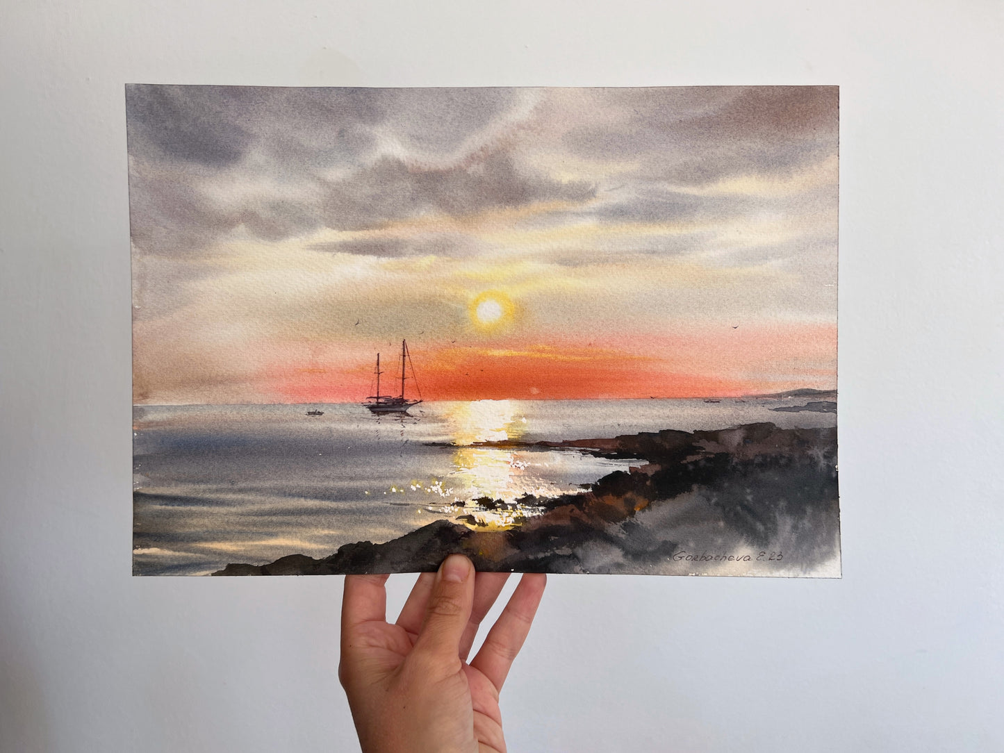 Sunset Seascape Watercolor Painting, Original Ocean Wall Art,Sunset on the sea Yacht 9x12