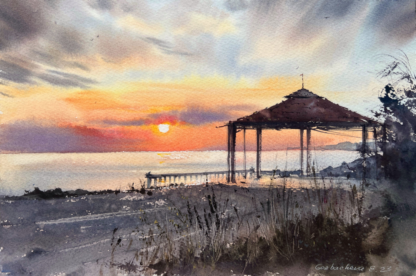 Sea Sunset Painting, Watercolor Original Seascape, Cyprus Landscape, Ocean Wall Art, Modern Art Boho