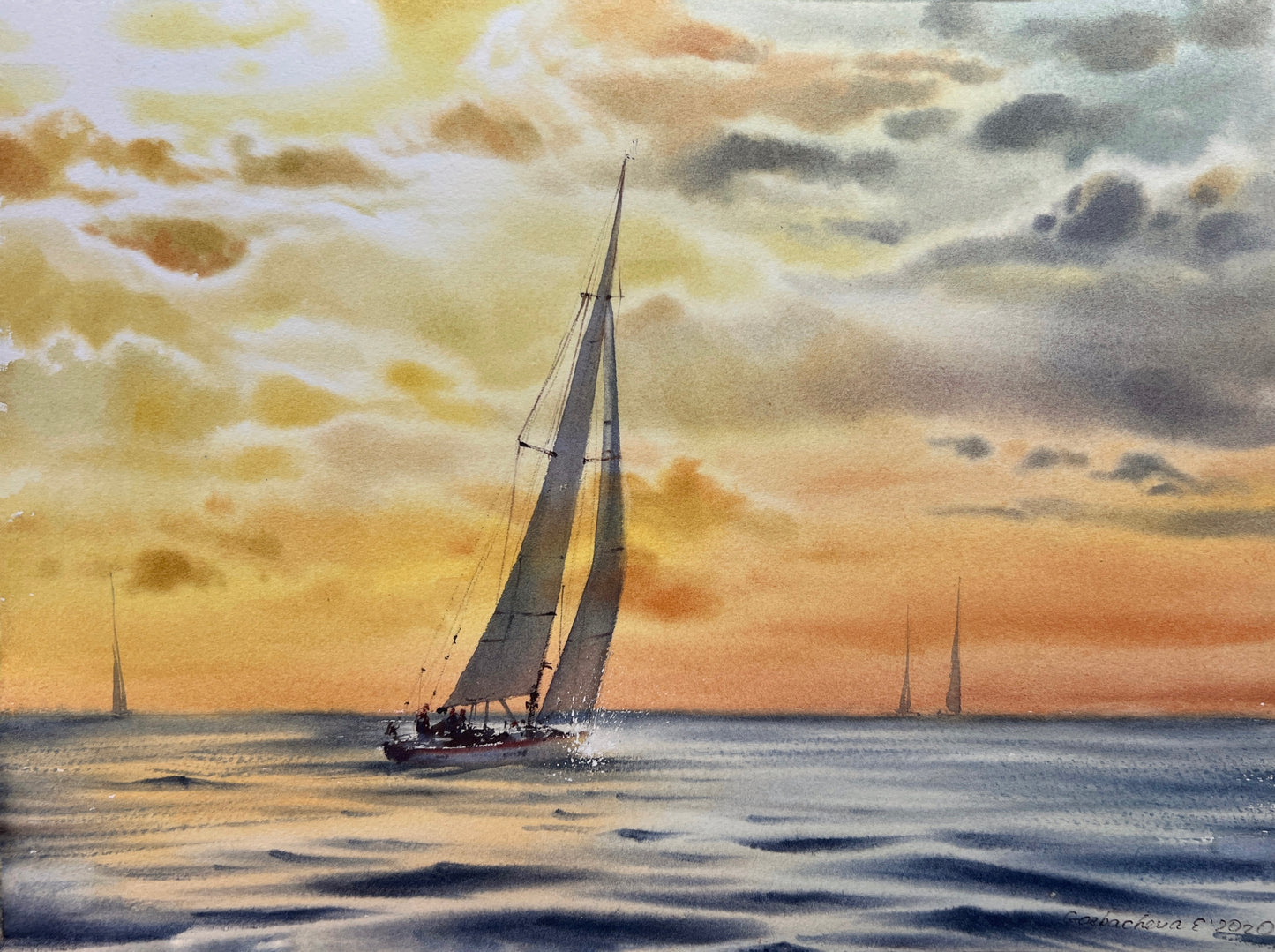 Yacht Watercolor Painting Original, Sailboat Artwork, Sunset Seascape Art, Coastal Bedroom Wall Art, Gift