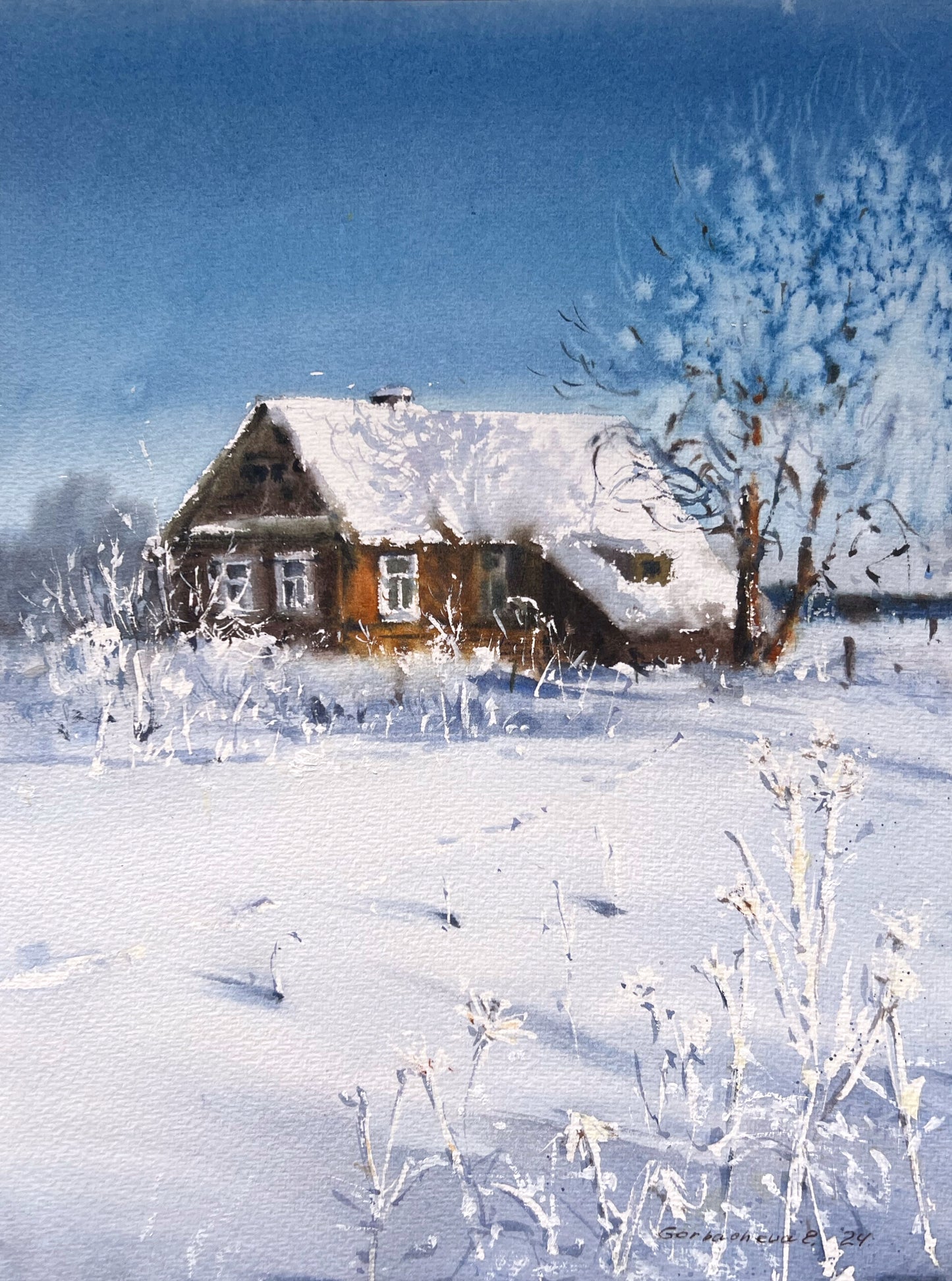 Original Frosty Morning Watercolor Painting - Winter morning, Village #4