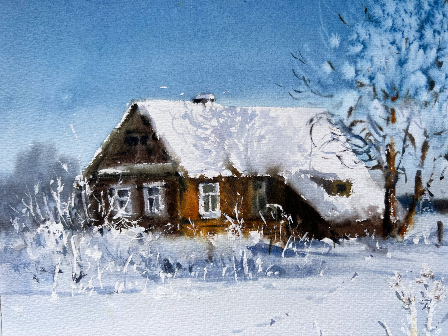 Original Frosty Morning Watercolor Painting - Winter morning, Village #4