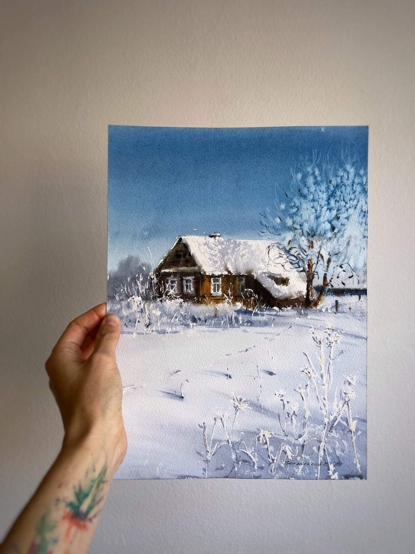 Original Frosty Morning Watercolor Painting - Winter morning, Village #4