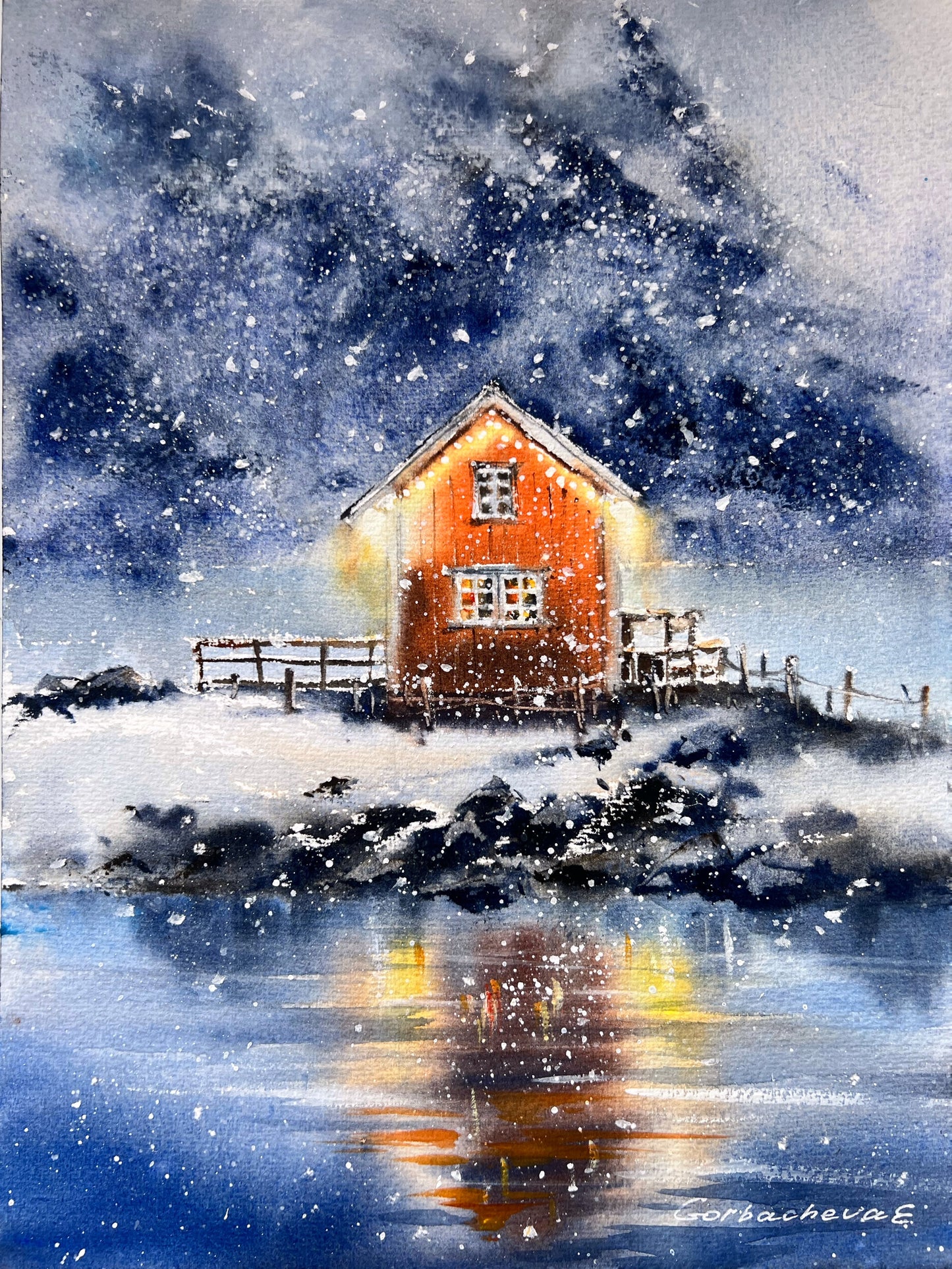 Winter Tale #5 Watercolor Art - Snow-Covered Night Scene Painting