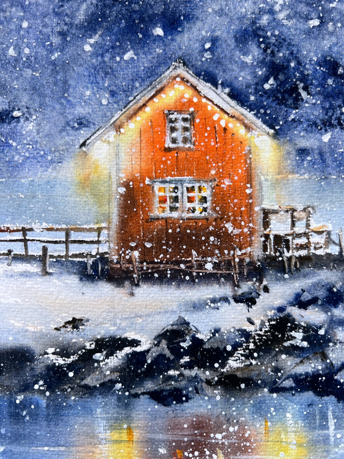 Winter Tale #5 Watercolor Art - Snow-Covered Night Scene Painting