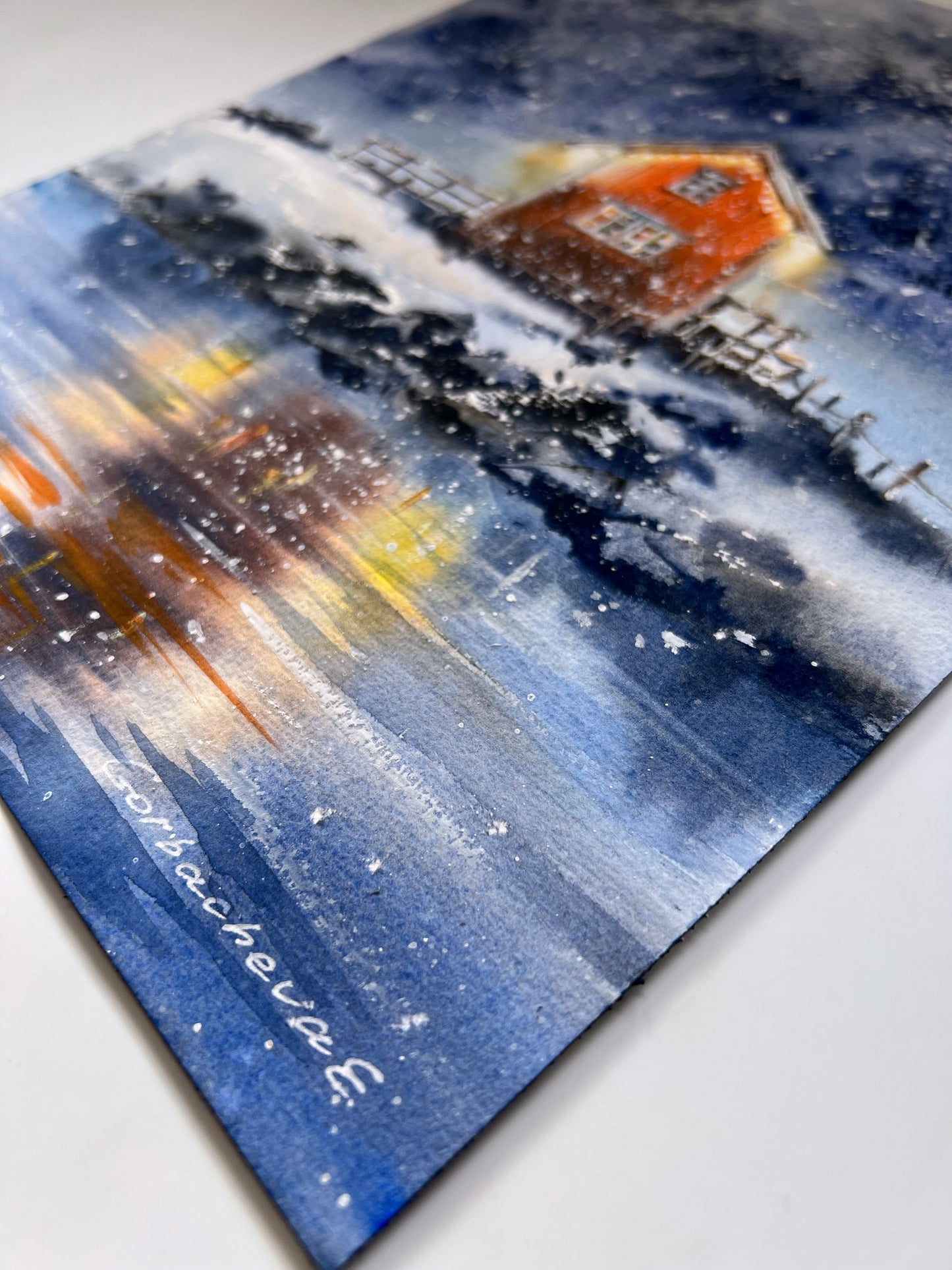 Winter Tale #5 Watercolor Art - Snow-Covered Night Scene Painting