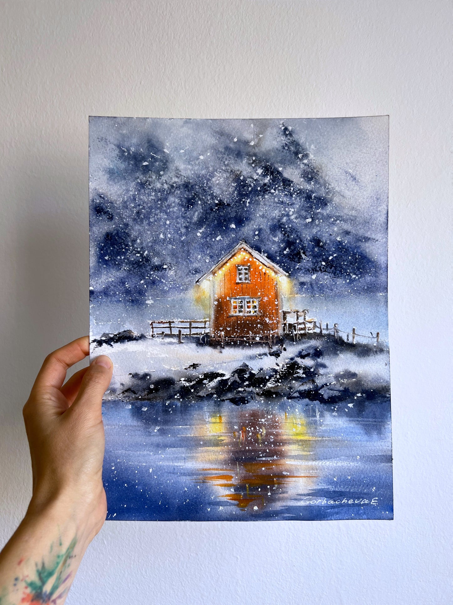 Winter Tale #5 Watercolor Art - Snow-Covered Night Scene Painting