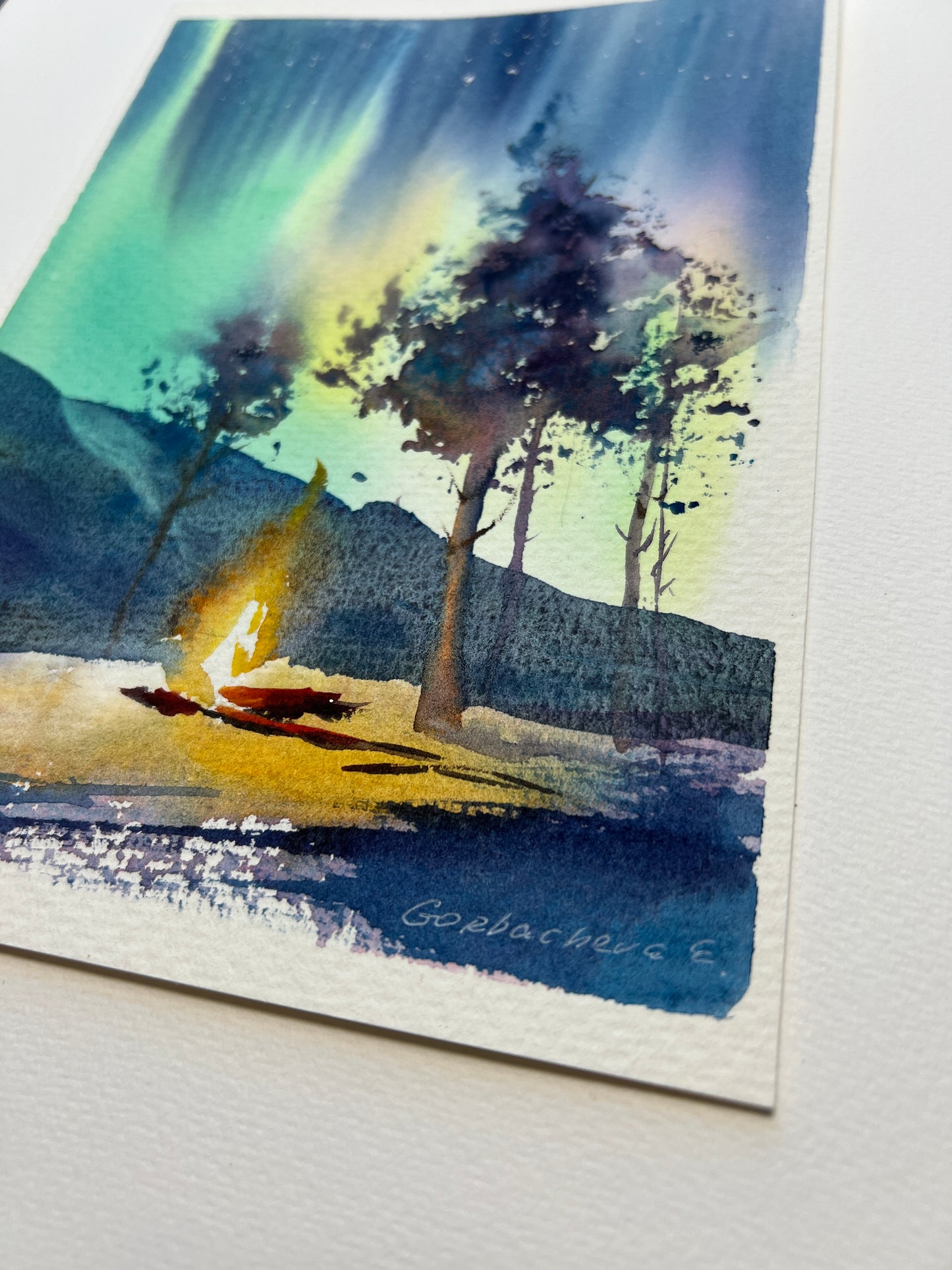 Small Painting Aurora Borealis, Watercolor Original - Bonfire #2