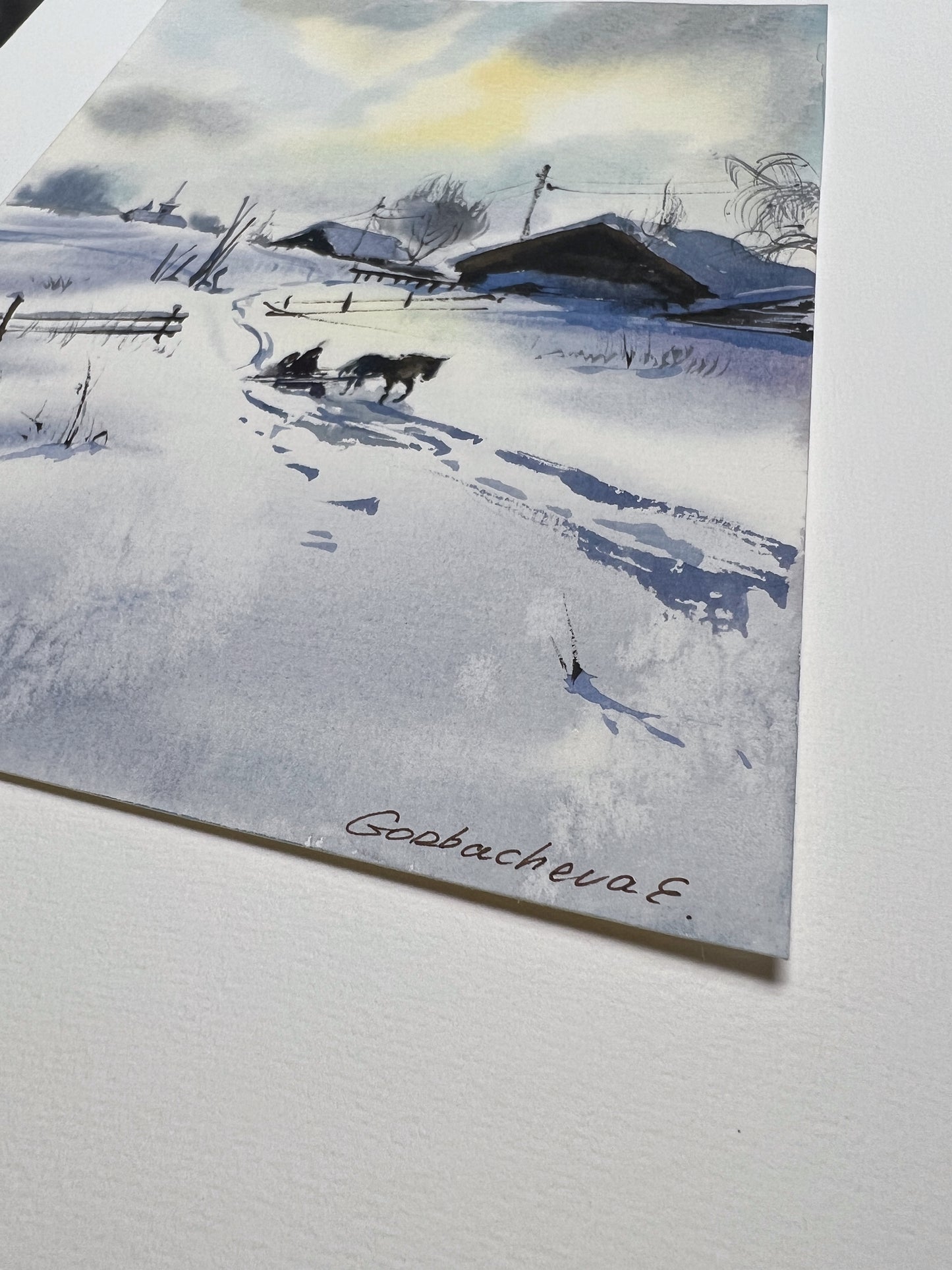 Rustic Winter Small Painting, Original Watercolor Artwork, Christmas Morning, Art Lover Gift & Wall Decor, Landscape