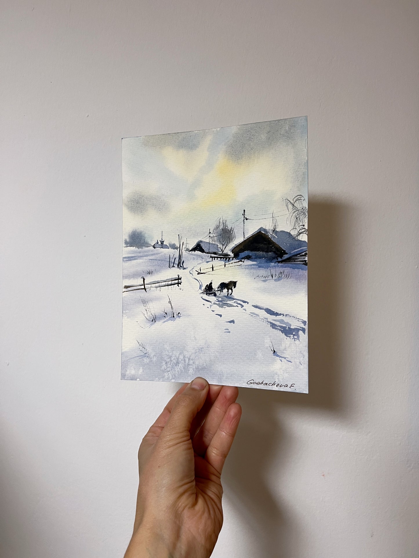 Rustic Winter Small Painting, Original Watercolor Artwork, Christmas Morning, Art Lover Gift & Wall Decor, Landscape