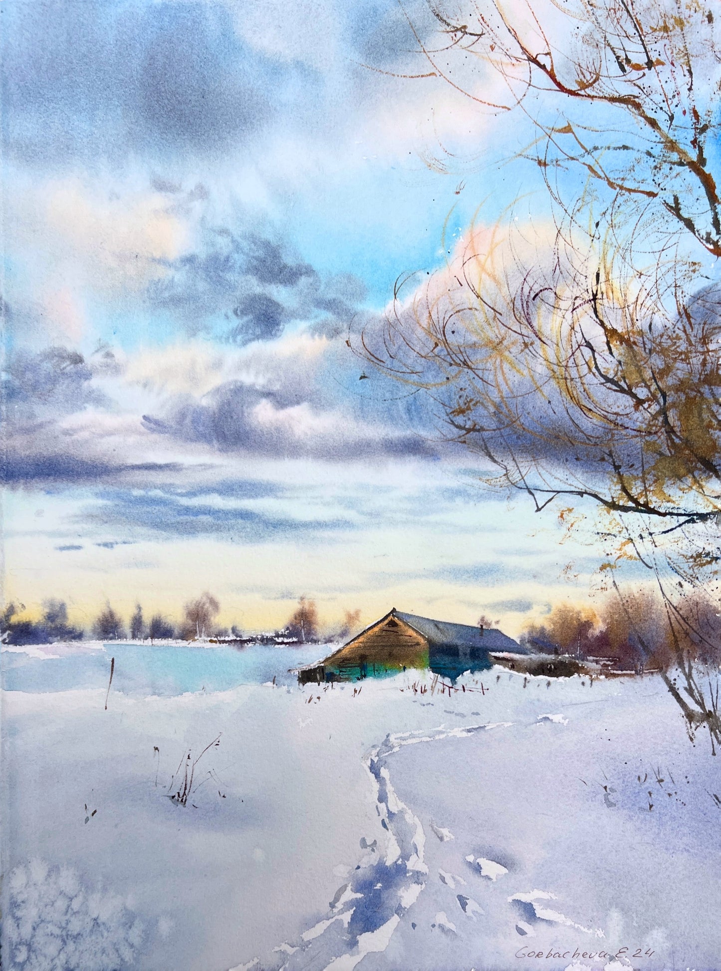 Winter Rustic Small Painting, Original Watercolor Artwork, Frosty Morning, Farmhouse Wall Art Decor, Snowy Landscape