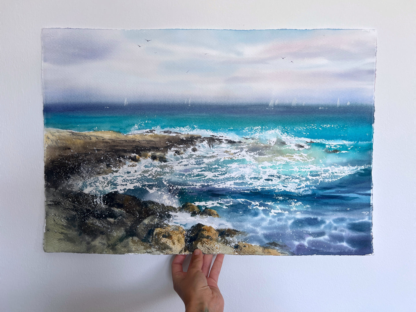 Original Turquoise Seascape Painting, Rocky Coast Watercolor Art, The sea coast #2 15x22
