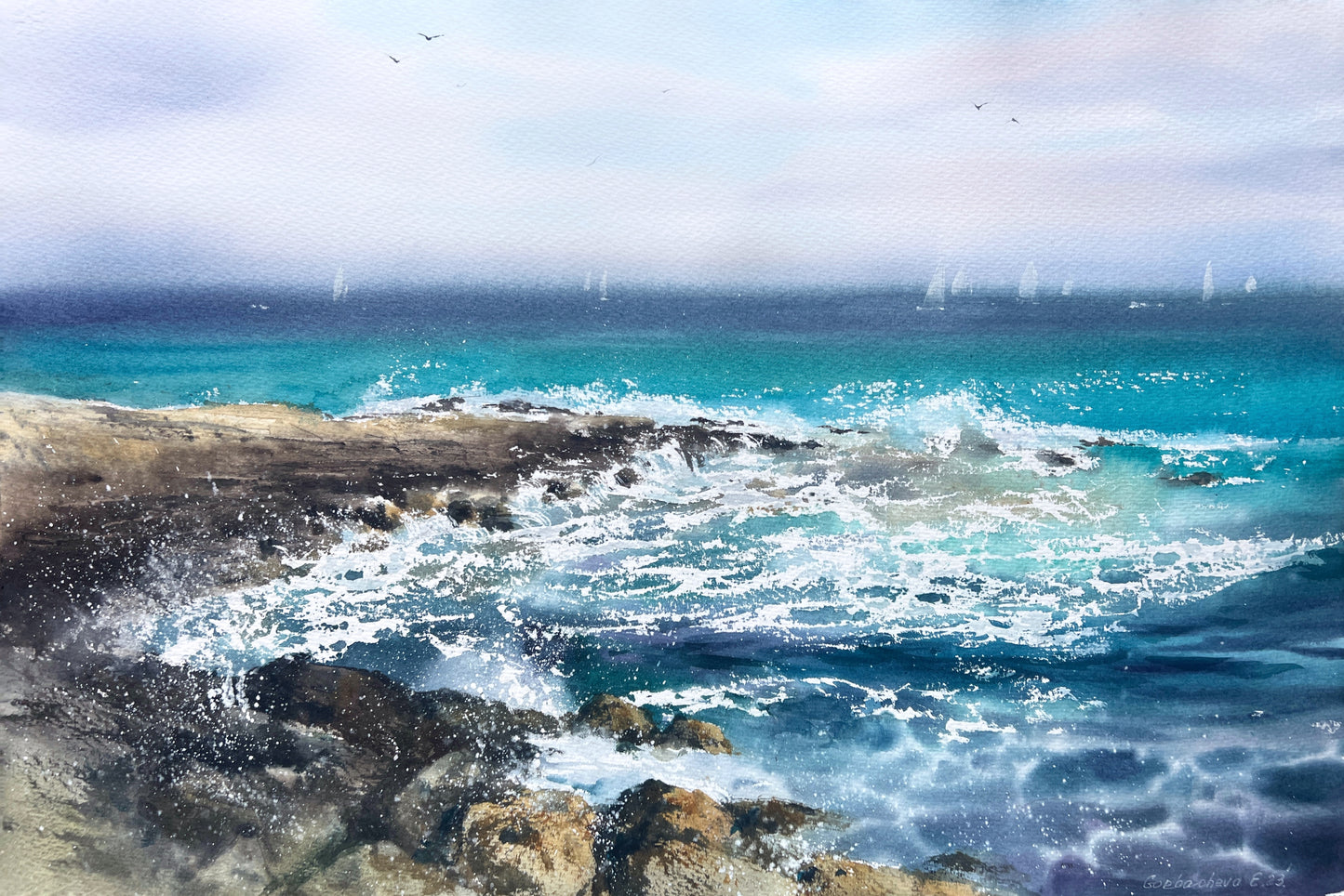 Original Turquoise Seascape Painting, Rocky Coast Watercolor Art, The sea coast #2 15x22