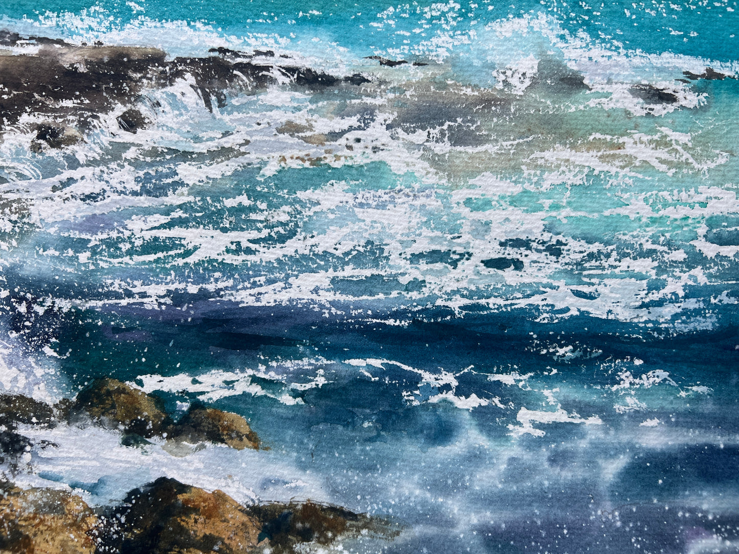 Original Turquoise Seascape Painting, Rocky Coast Watercolor Art, The sea coast #2 15x22