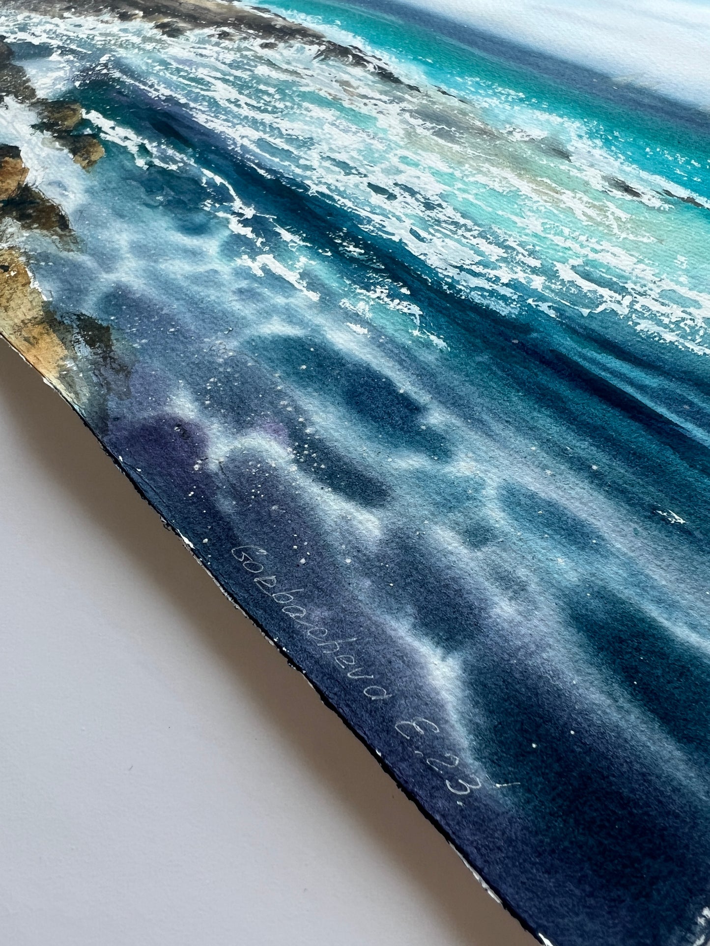 Original Turquoise Seascape Painting, Rocky Coast Watercolor Art, The sea coast #2 15x22