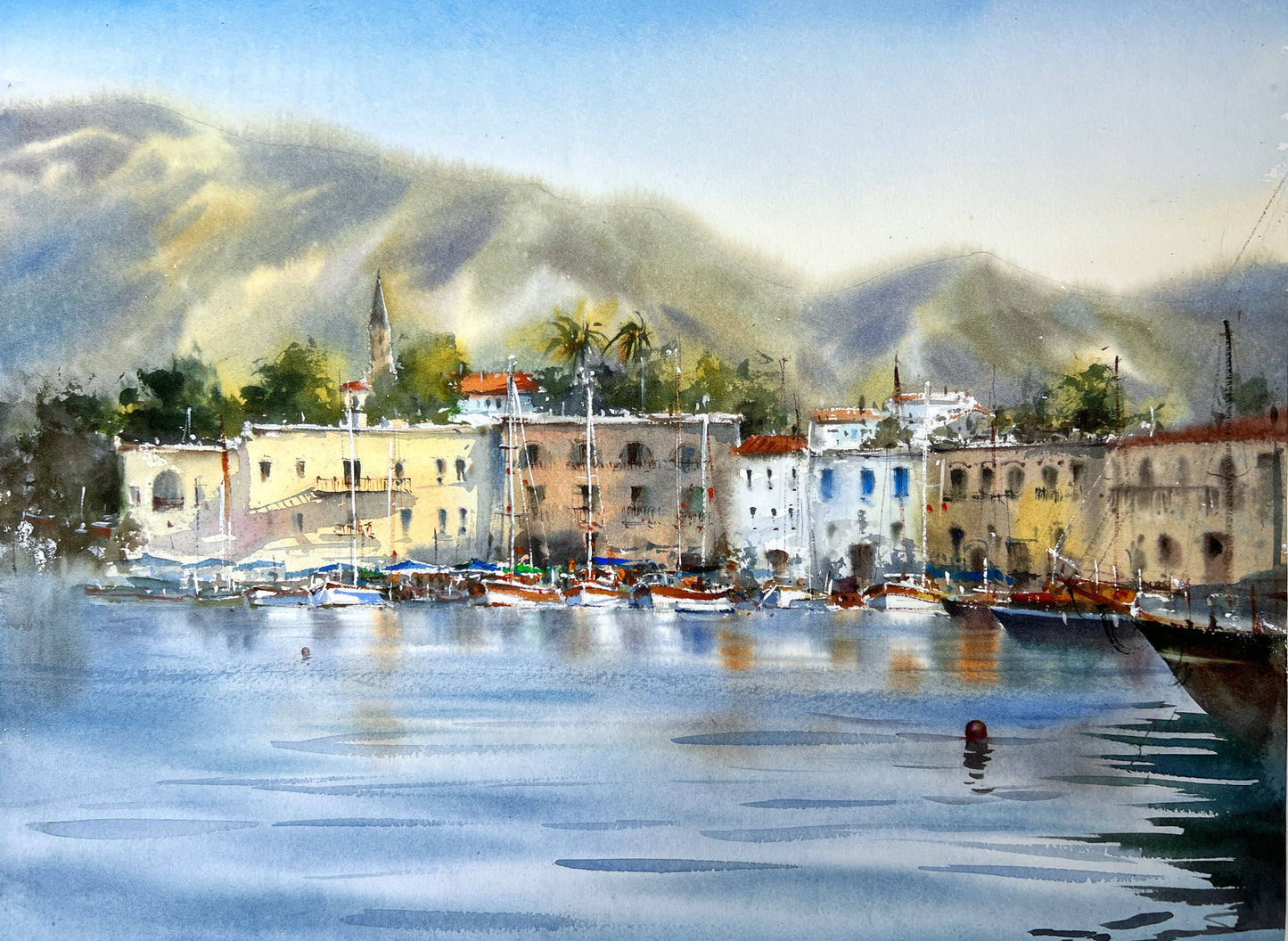 Original Watercolor Painting - Old Port of Girne #2 - Coastal Artwork - 22x15 in