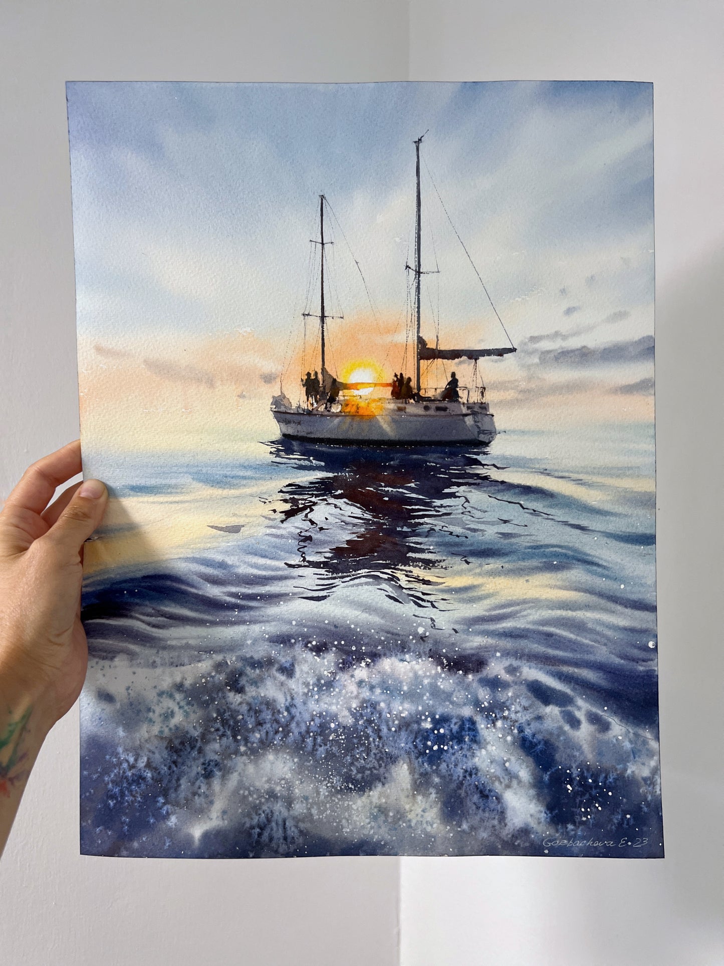 Sailboat Painting Original Watercolor, Yacht Artwork, Seascape Coast Art, Gift, Blue