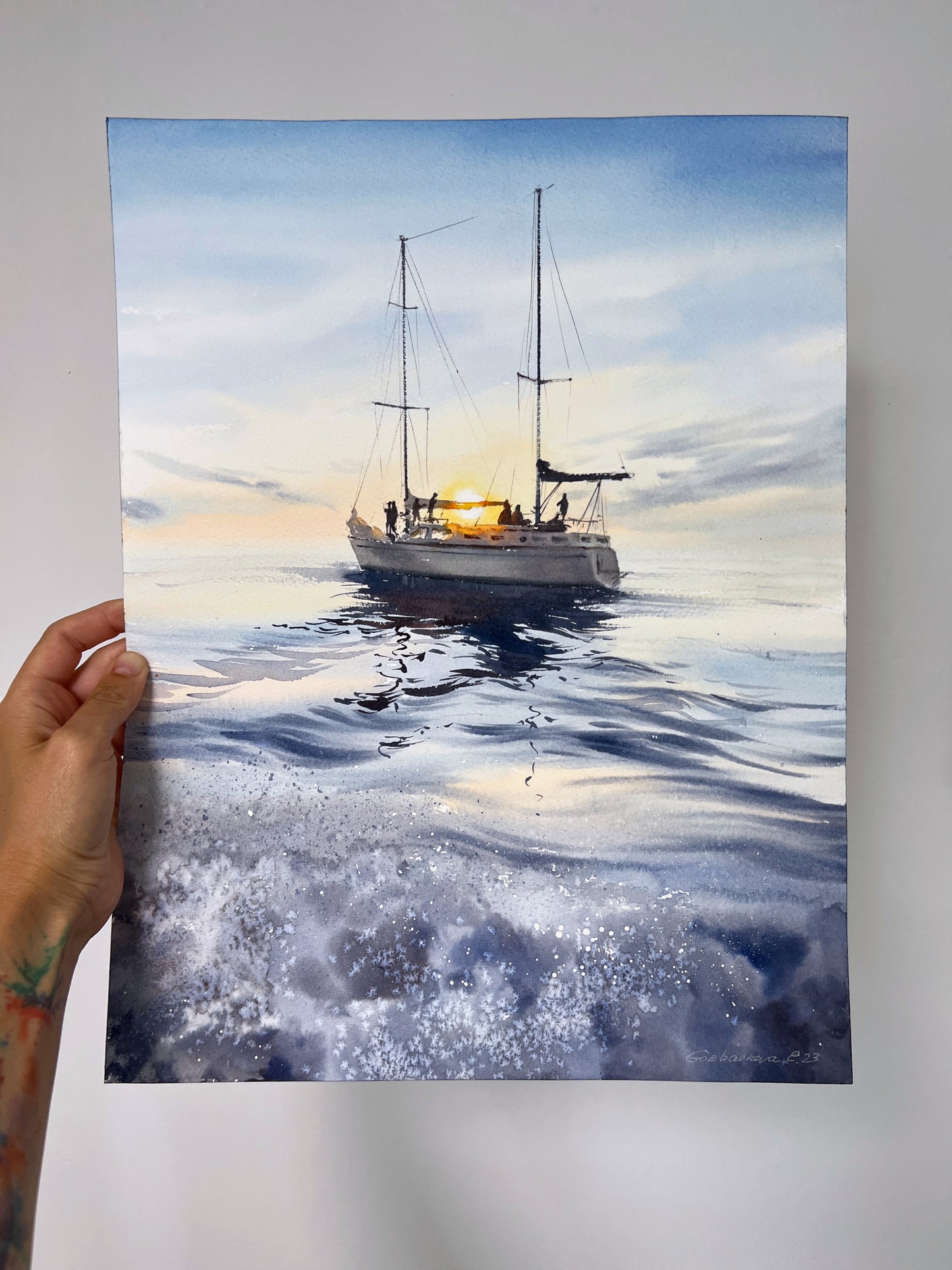 Nautical Sailboat Painting Watercolor Original, Yacht Wall Art, Seascape Sunset Artwork, Yachting Wall Decor, Gift