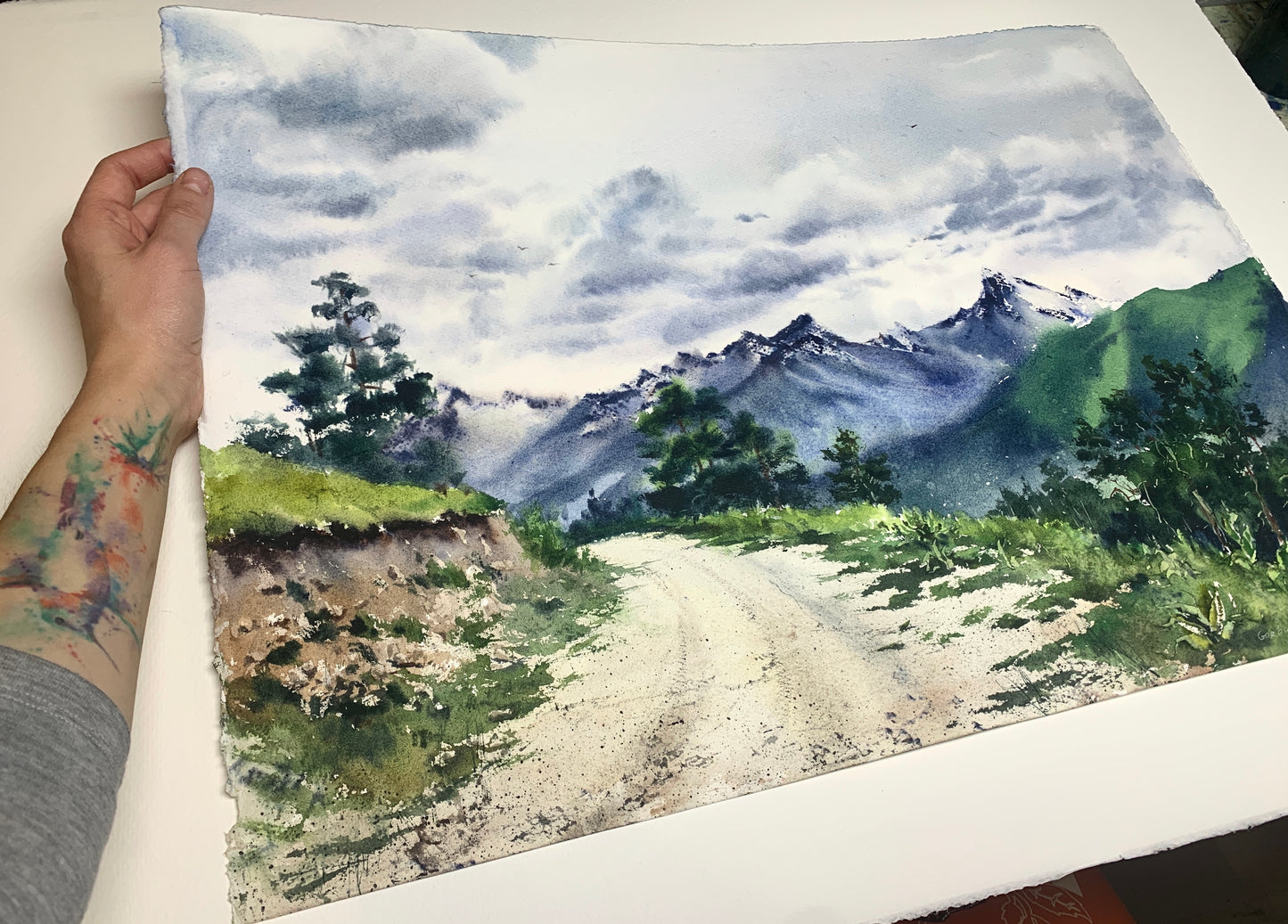 Green Mountain Painting, Watercolor Original Artwork, Nature Landscape "Road to the mountains, Arkhyz #1"
