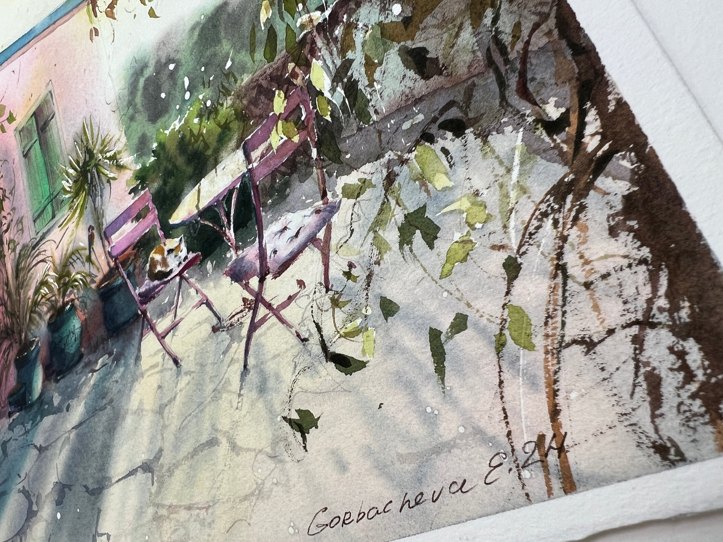 Cyprus Cafe Watercolor Painting, Sunlit Cyprus Corner 12x13