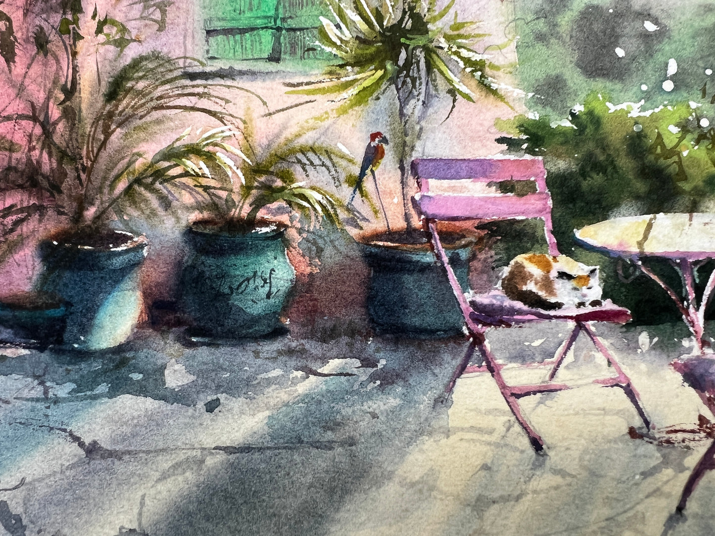 Cyprus Cafe Watercolor Painting, Sunlit Cyprus Corner 12x13