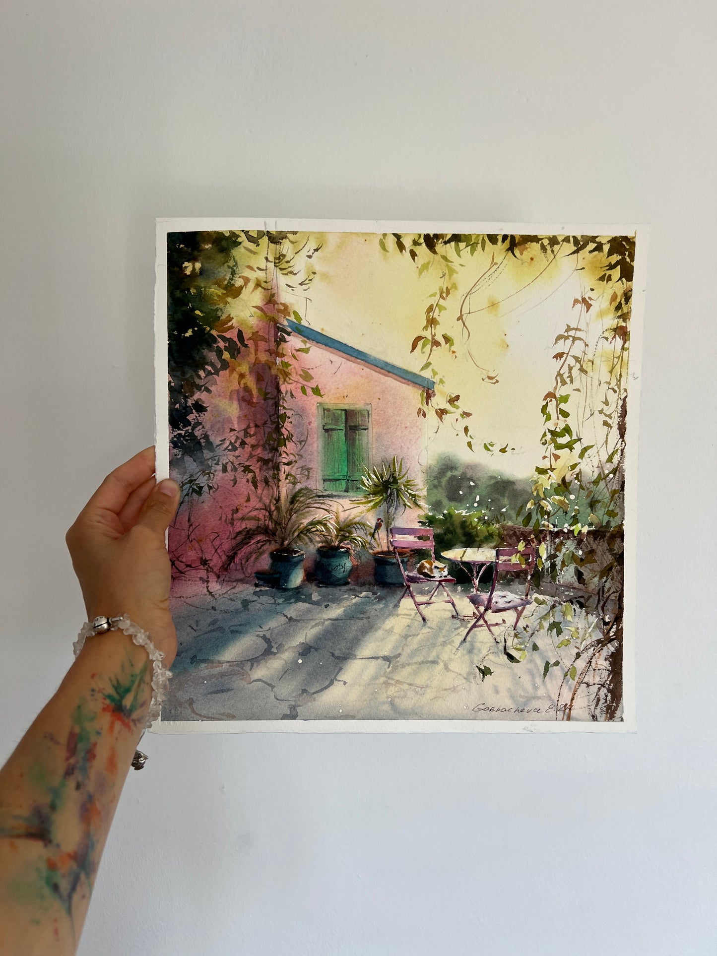 Cyprus Cafe Watercolor Painting, Sunlit Cyprus Corner 12x13