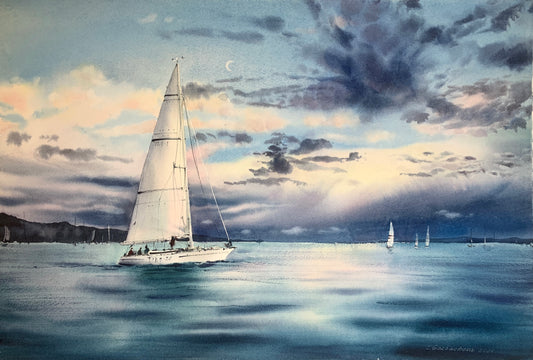 Ocean Yacht Painting Watercolor Original - Tailwinds #3 - 15x22in