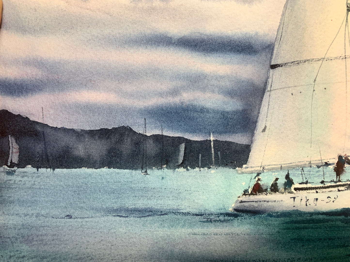 Ocean Yacht Painting Watercolor Original - Tailwinds #3 - 15x22in
