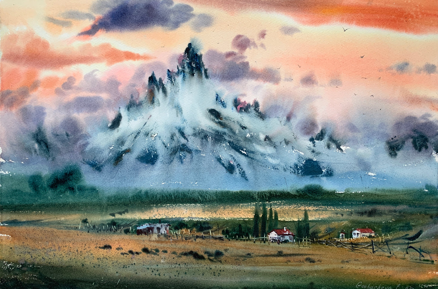 Original Watercolor Mountain Landscape Painting, Sunset Glow Alpenglow Art,Mountainscape with orange sunset 15x22 in