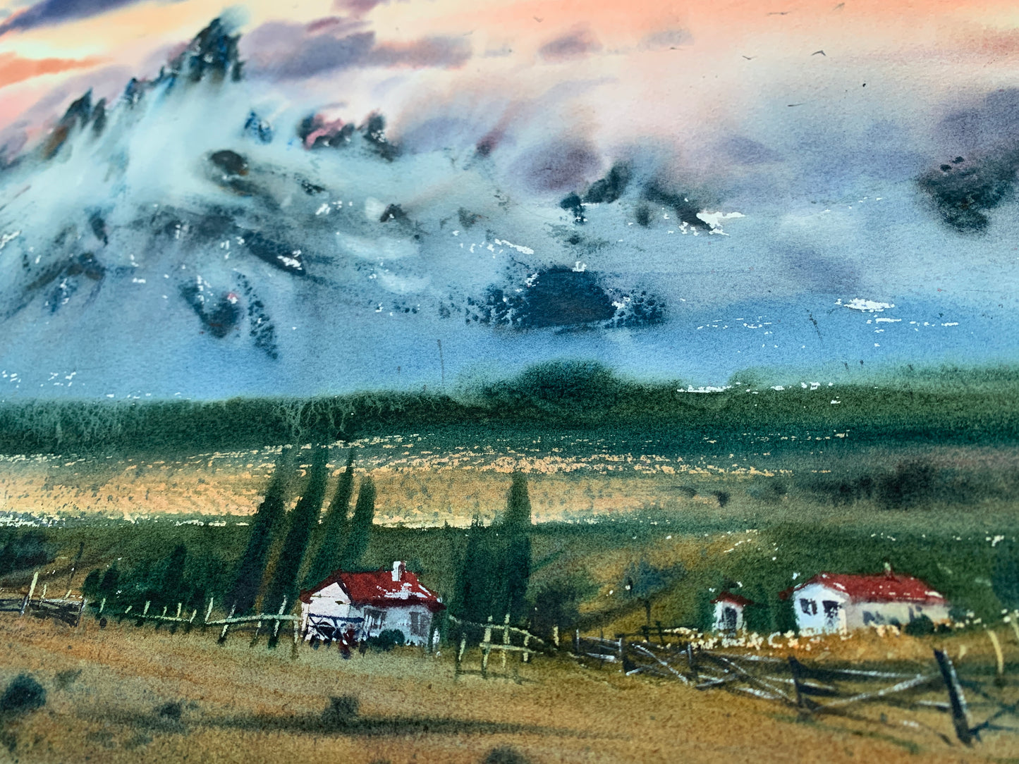Original Watercolor Mountain Landscape Painting, Sunset Glow Alpenglow Art,Mountainscape with orange sunset 15x22 in