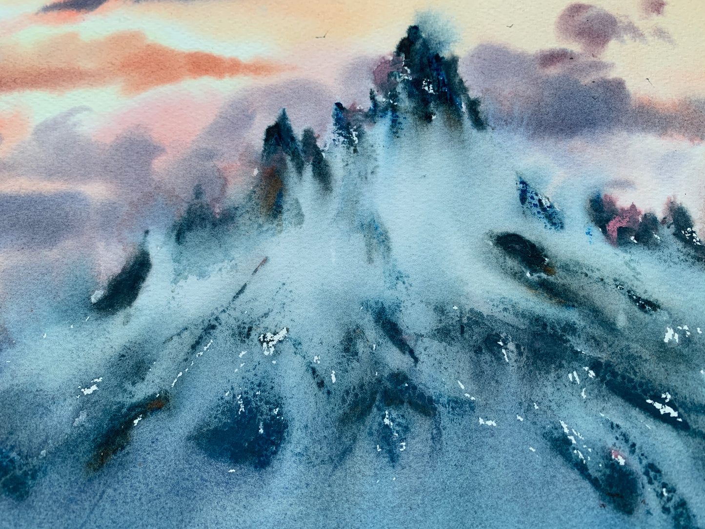 Mountain Original Painting Watercolor - Mountainscape with orange sunset - 15 x 22 in