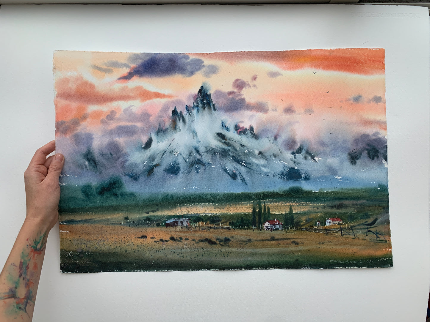Original Watercolor Mountain Landscape Painting, Sunset Glow Alpenglow Art,Mountainscape with orange sunset 15x22 in
